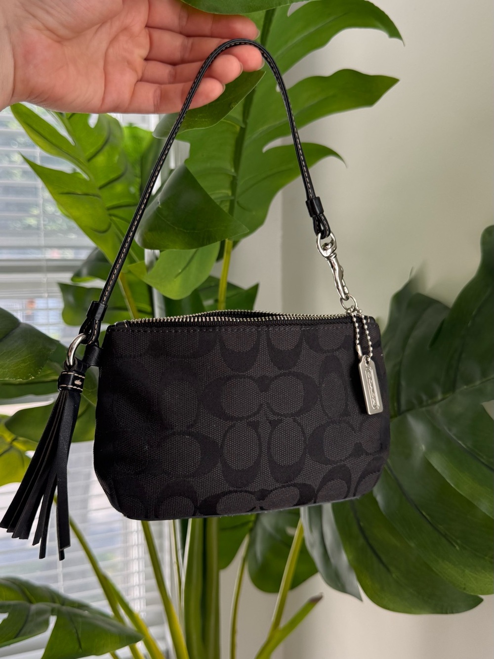 Coach Black Signature Mini Wristlet with Tassel